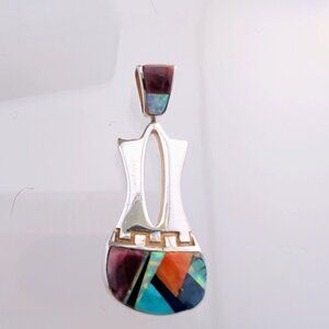 Navajo Wedding Vase Style Sterling Silver & Multicolor Inlay Pendant